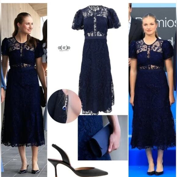 Self-Portrait Laced Puff Sleeved Midi Dress Navy size 10 - Picture 2 of 12